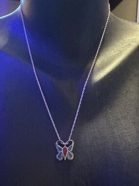 Silver Butterfly Pendant Necklace with Red and Blue Turquoise